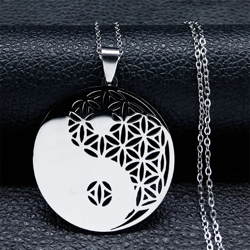 2023 Flower of Life Stainless Steel Mandala Metatron Necklaces Sacred Geometry Long Black Bead Necklace Jewerly flor de la vida