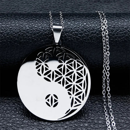 2023 Flower of Life Stainless Steel Mandala Metatron Necklaces Sacred Geometry Long Black Bead Necklace Jewerly flor de la vida