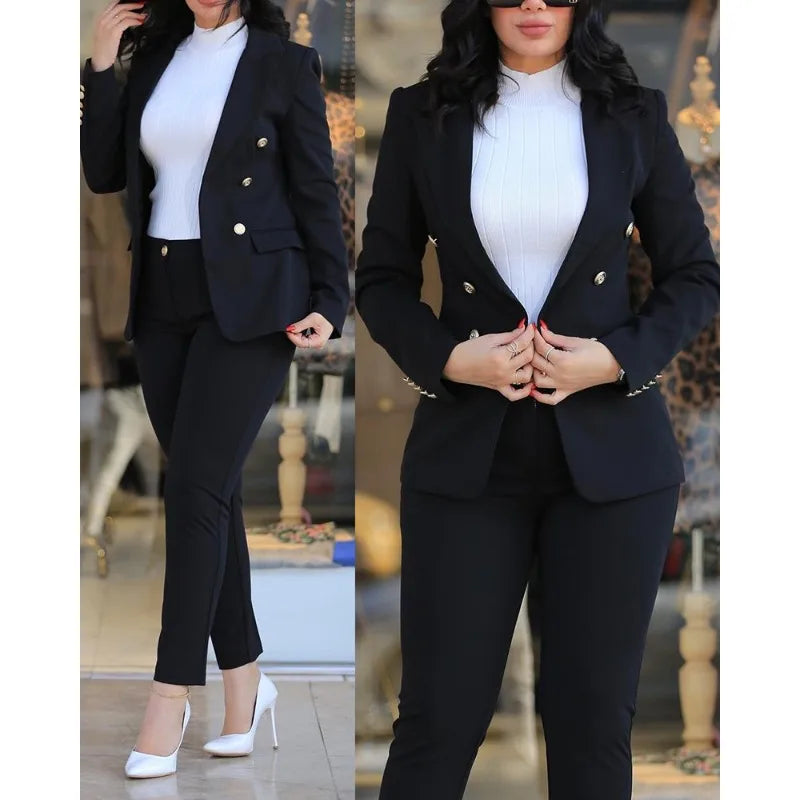 Office Lady 2 Pieces Blazer Set Ladies 2024 Elegant Pant Suit Women Chic Trousers Suit Casual Long Sleeve Jacket High Waist Pant