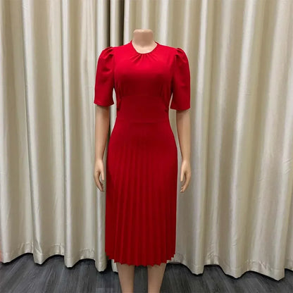 Elegant Office Dresses Pleated Woman 2025 New O Neck Short Sleeve Mid Calf Formal Business Work Wear Dress Midi Vestidos Mujer