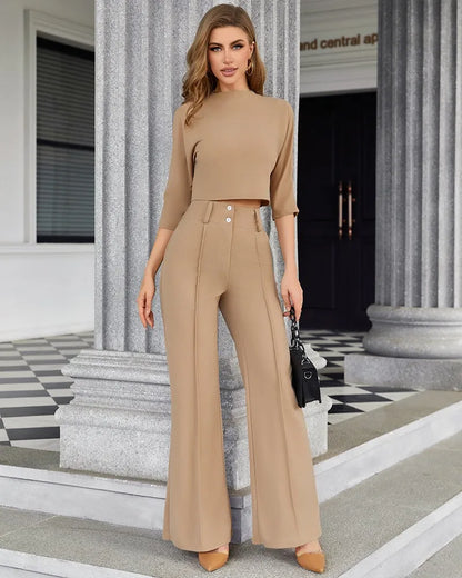 Elegant 2-Piece Women's Office Outfit Set with Mock Neck Crop Top And Buttoned Pants with Pocket Lady Work Wear matching Sets