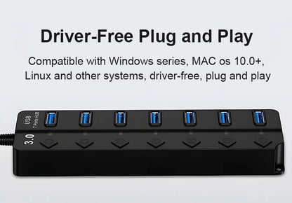USB 3.0 Power Adapter 7 Port Multi USB Splitter Hub USB Hub 2.0 USB Multiple Expander Switch 30CM Cable Hub Docking Stations