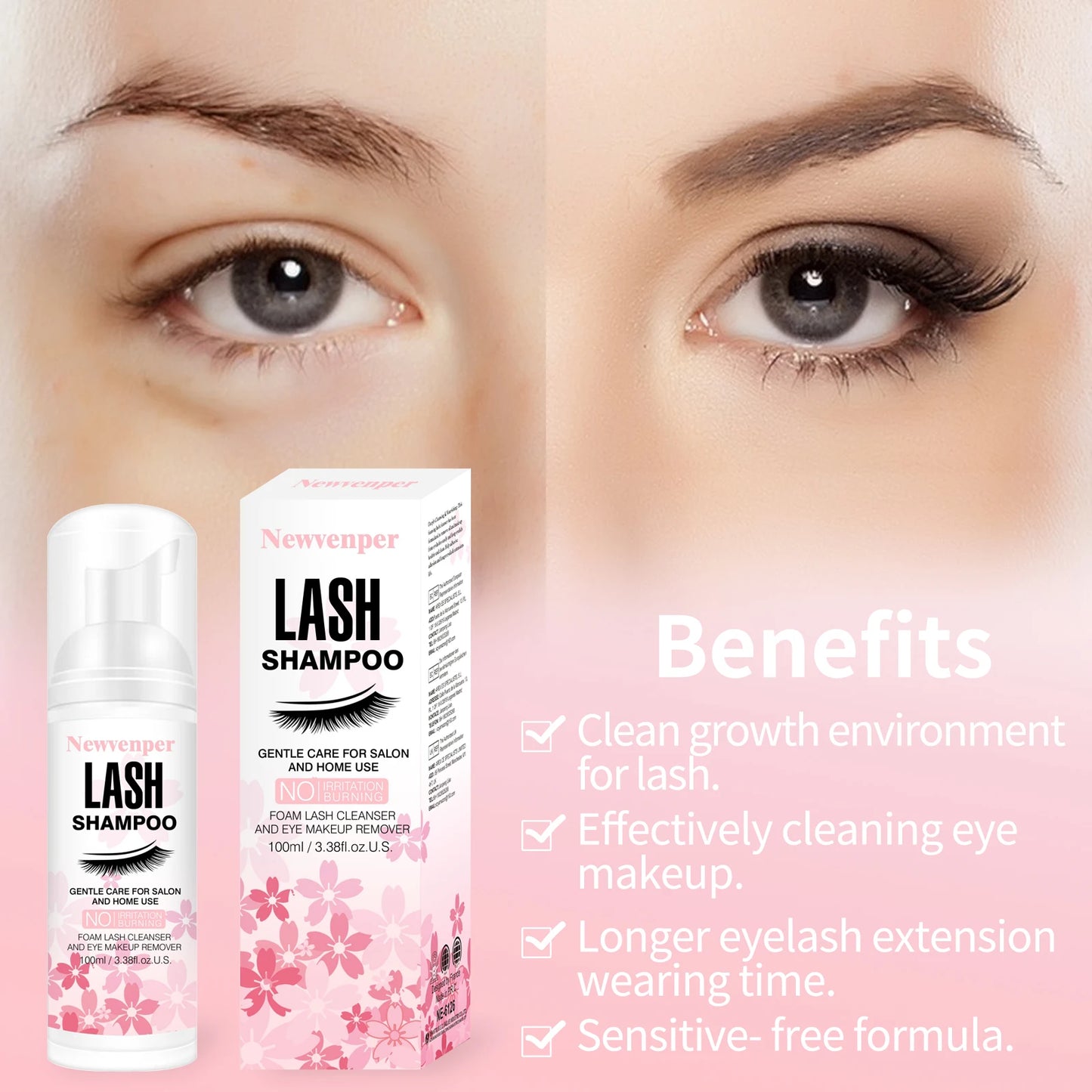 Lash Shampoo for Eyelash 100ML + Brush & Mascara Wand Eyelid Foaming Cleansing, Extension Cleanser Remover,Makeup Remover