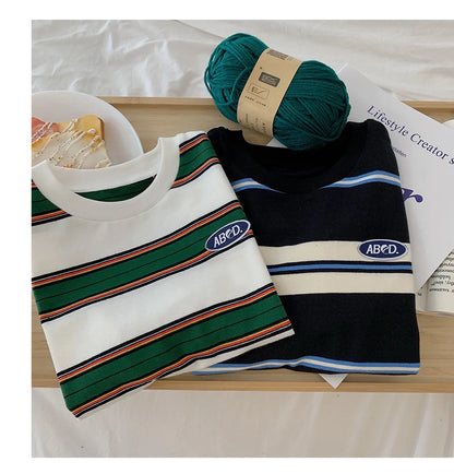 2025 Spring Autumn Kids Boys T-shirts Cotton Striped Loose Sticker Casual Long Sleeve Baby Girls Shirts Toddler Boys Tops