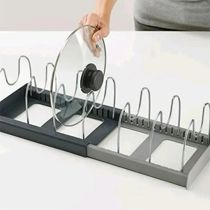 Expandable Pot and Pan Organizers Rack Holder Kitchen Cabinet Pantry Bakeware Organizer Rack with 6 Adjustable Compartments