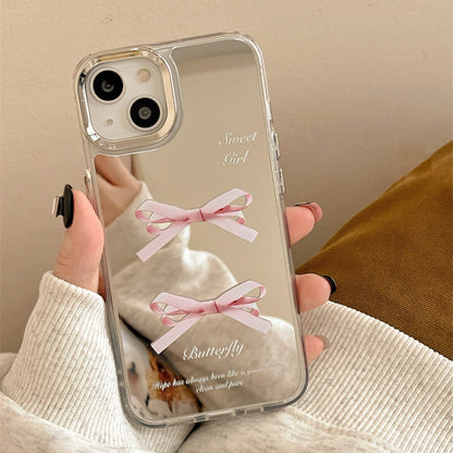 Two Pink Bow Mirror Phone Cases For IPhone 15 14 13 12 11 Drop Resistant Mirror Phone Cases With Bow Chain