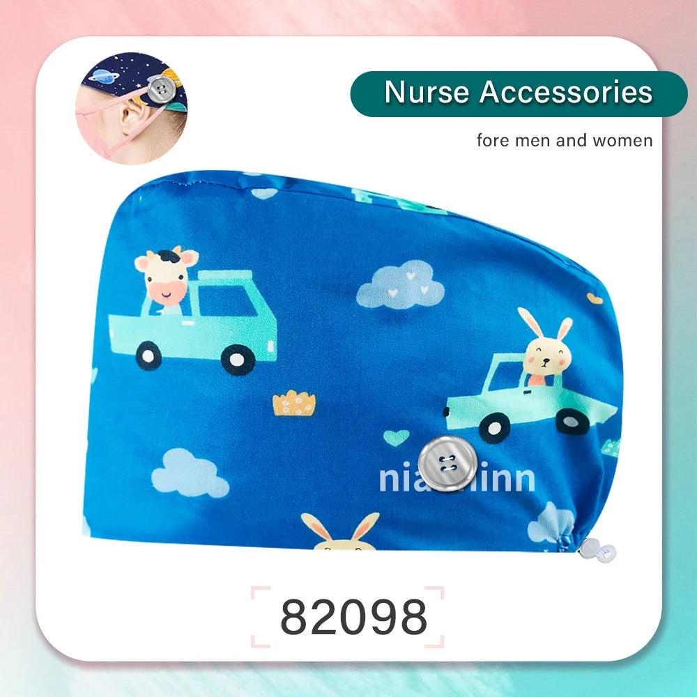 Cartoon Printed Operating Room Doctor Work Scrub Hat Pharmacy Dentistry Clinic Surgical Cap Adjustable Medical Nurse Accessories