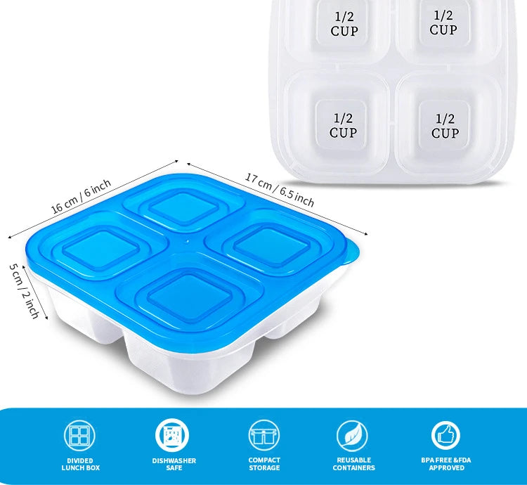 5 Pack Bento Snack Boxes - Reusable 4-Compartment Food Containers for School, Work and Travel