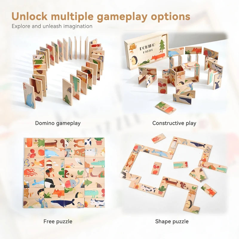 The Baby Montessori Domino Puzzle Toy Features Cartoon Patterned Dominoes With Smooth Edges That Are Super Fun For Babies