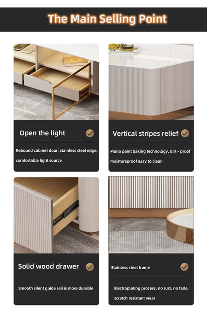 Living Room Furniture Modern Luxury Cabinet TV Stand Stainless Steel +mdf+rock Plate+solid Wood Carton + Wooden Frame Storage