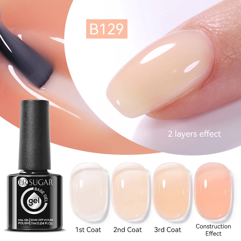 UR SUGAR 7ml Pale Pink Rubber Base Gel Nude Color Semi Permant Soak Off UV LED Self-leveling Gel Varnishes Great Coverage