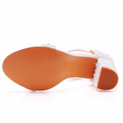 Crystal Queen Wedding Shoes Bride Elegant White Lace Pearl Design High Heels Women's High Heels Bride Wedding Shoes