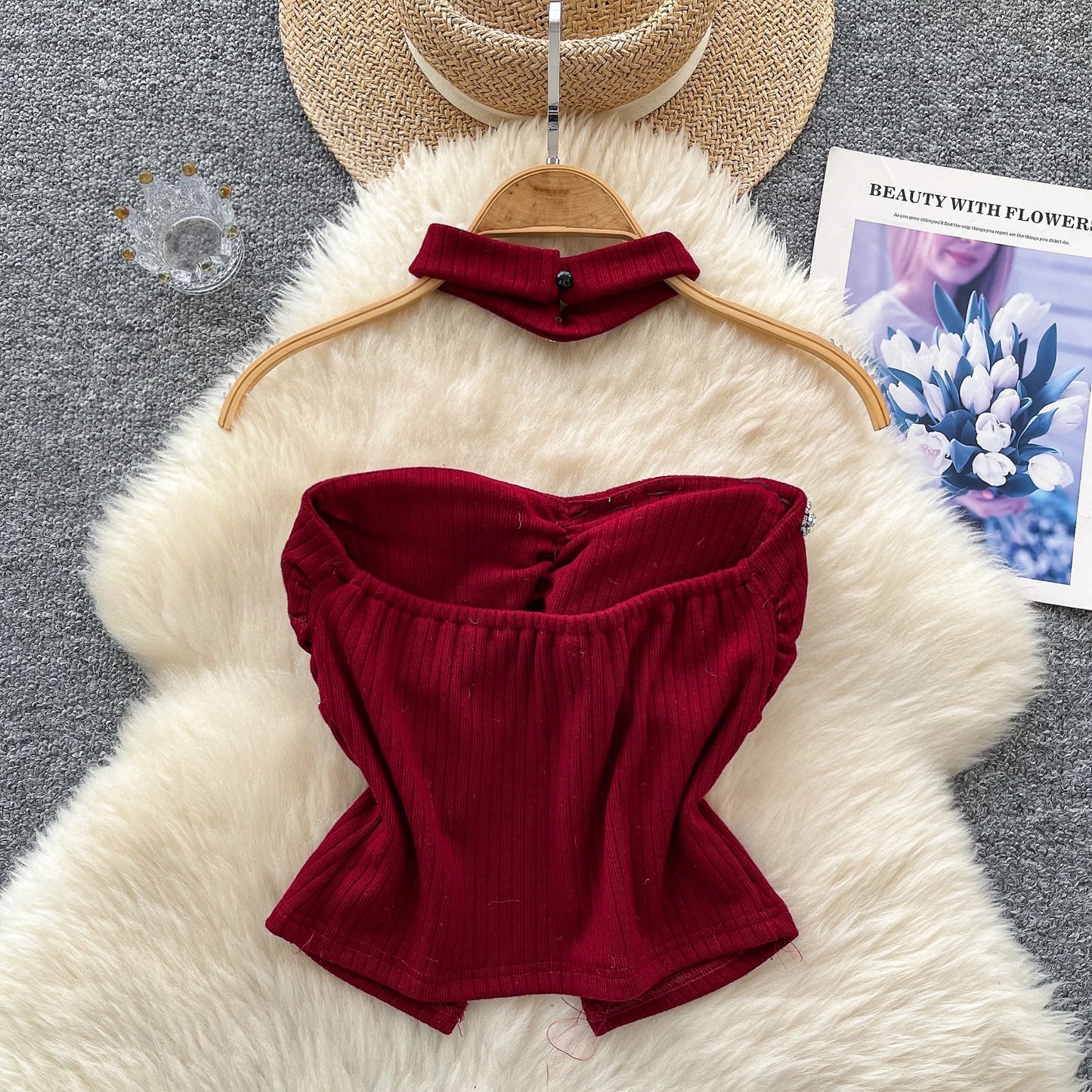 SINGREINY Strapless Sexy Ladies Top Summer Halter Beading Design Split Camisole Korean Skinny Streetwear Hotsweet Tank Top