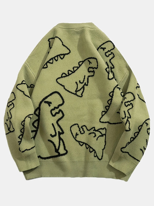 Women's Oversized Dinosaur Pattern Sweater - Cozy Long Sleeve Pullover for Casual Wear