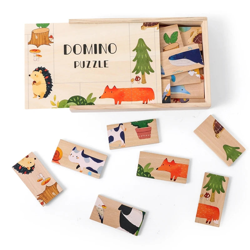 The Baby Montessori Domino Puzzle Toy Features Cartoon Patterned Dominoes With Smooth Edges That Are Super Fun For Babies