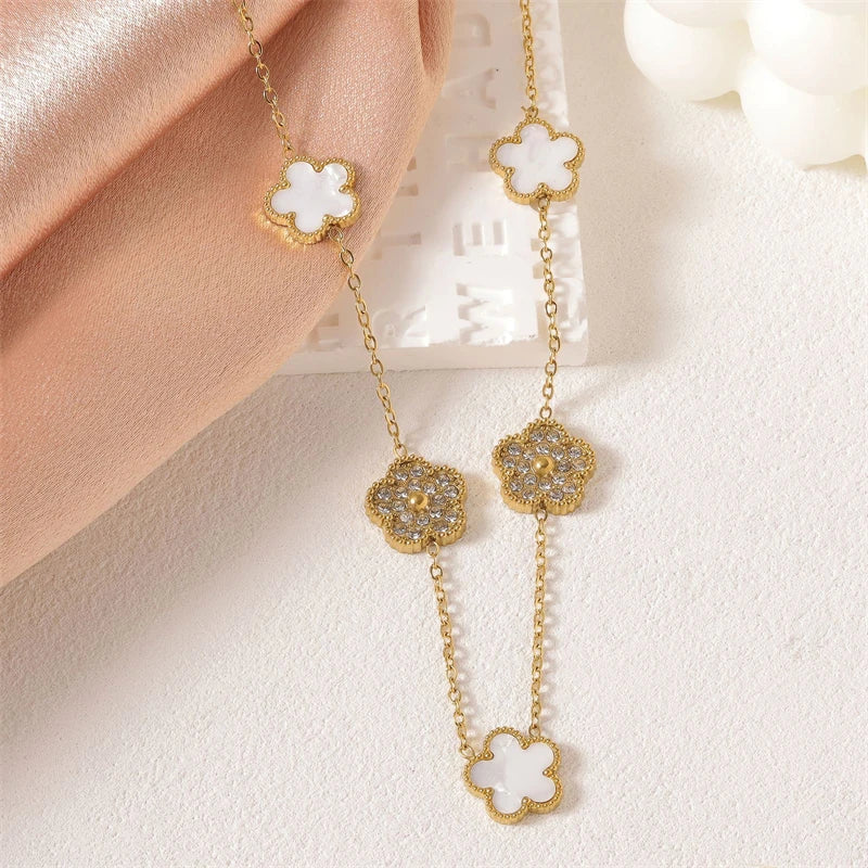 316L Stainless Steel 2025 New Fashion Fine Jewelry Set Zircon 5-Leaf Flowers Charm Chain Necklaces Bracelets Earrings For Women
