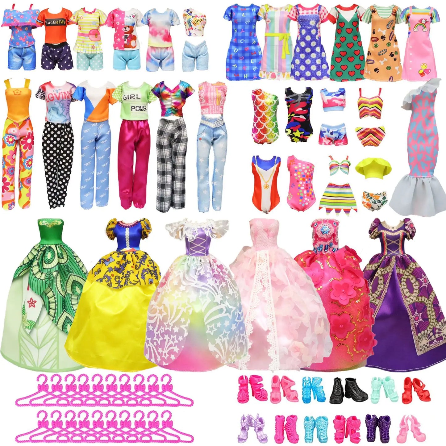 28pcs Fashion Dolls Accessories =1 Gown +3 Dress +2 Suit +2 Swimsuit +3 Glasses +10 Shoes +7 Hanger Clothes for 11.5'' Doll Toys