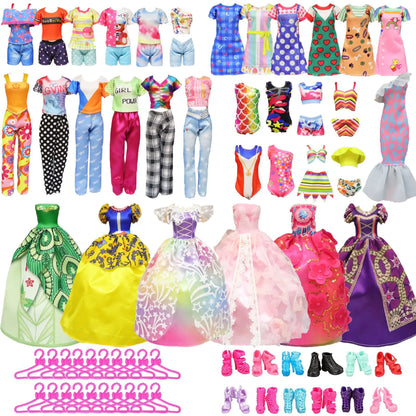 28pcs Fashion Dolls Accessories =1 Gown +3 Dress +2 Suit +2 Swimsuit +3 Glasses +10 Shoes +7 Hanger Clothes for 11.5'' Doll Toys