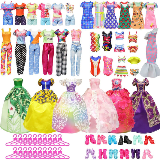 28pcs Fashion Dolls Accessories =1 Gown +3 Dress +2 Suit +2 Swimsuit +3 Glasses +10 Shoes +7 Hanger Clothes for 11.5'' Doll Toys