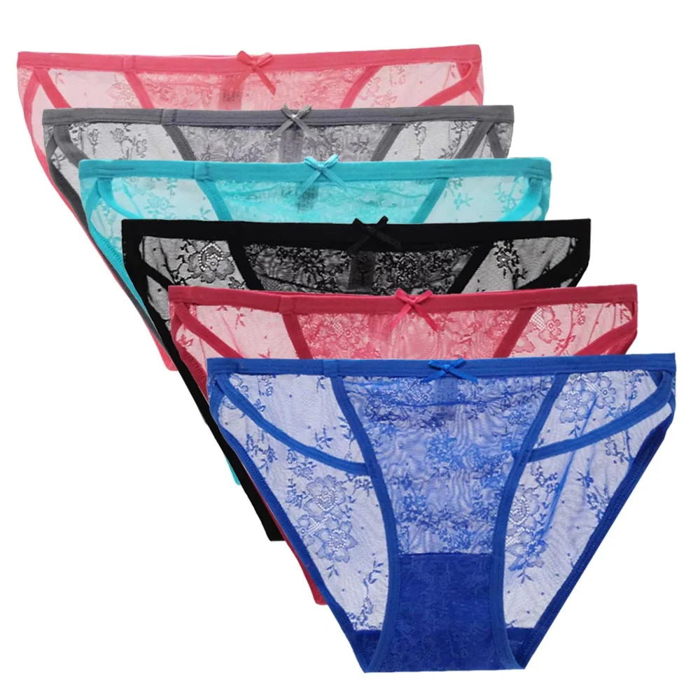 5 PCS/Set Sexy Ladies Transparent Lace Lingerie Panties Woman Cotton Crotch Solid Color Briefs Underwear