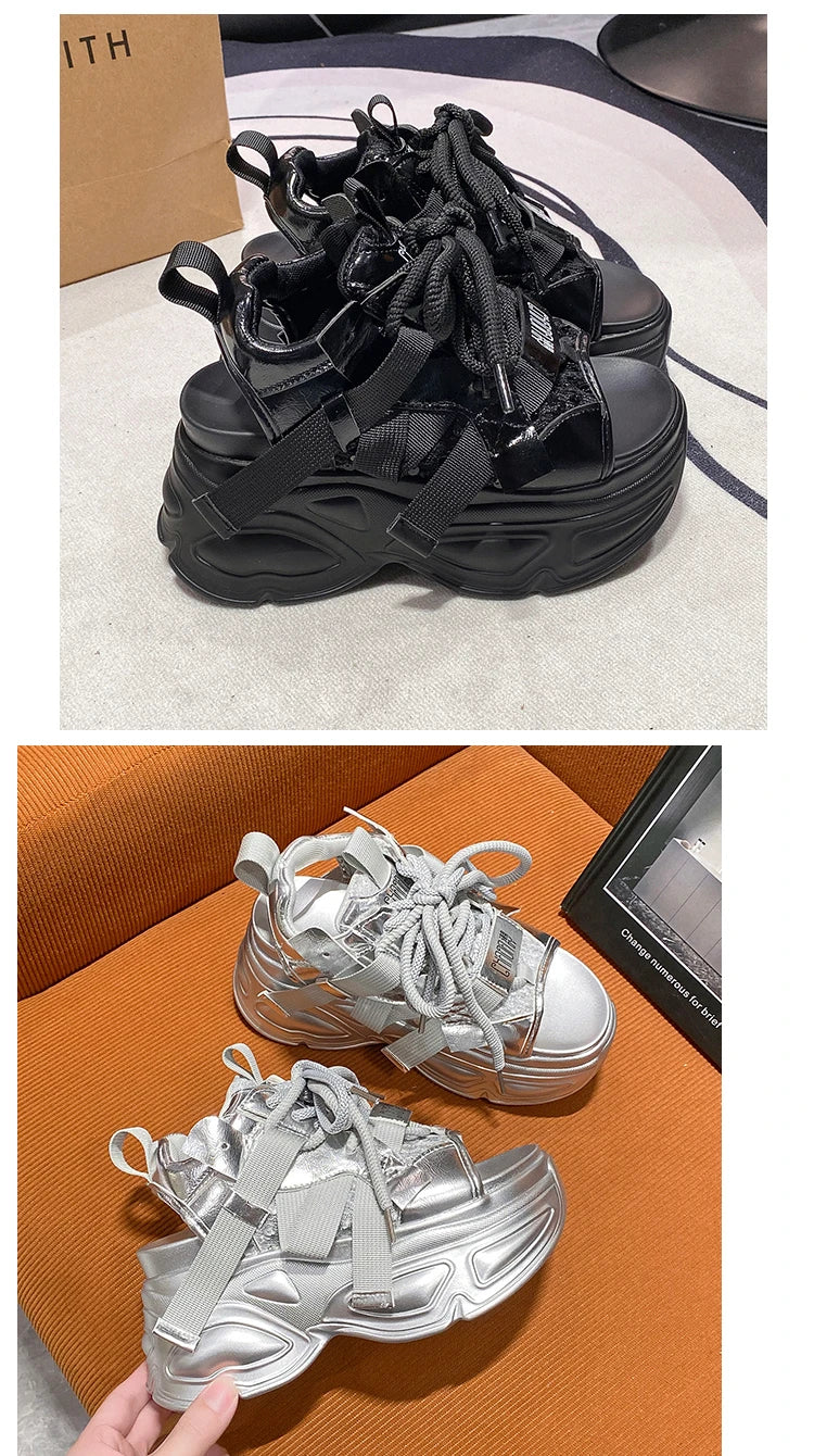 8.5cm Summer Women Leather Chunky Sandals High Platform Trainers Breathable Casual Slippers Shoes New Woman Heels Wedge Sneakers