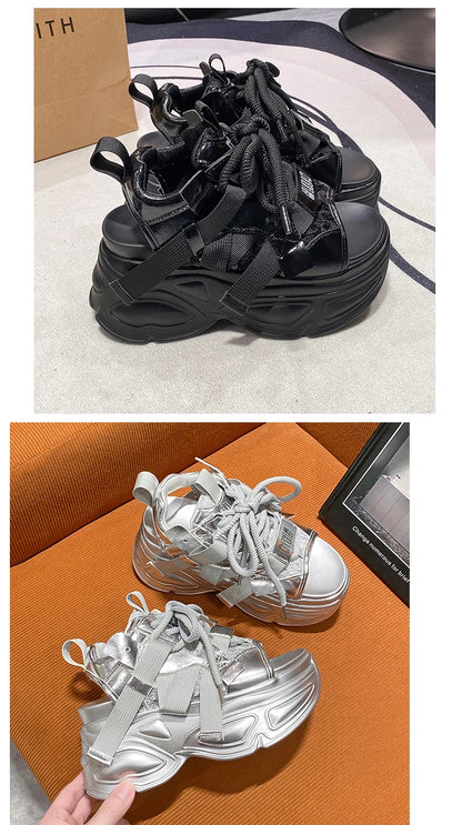 8.5cm Summer Women Leather Chunky Sandals High Platform Trainers Breathable Casual Slippers Shoes New Woman Heels Wedge Sneakers