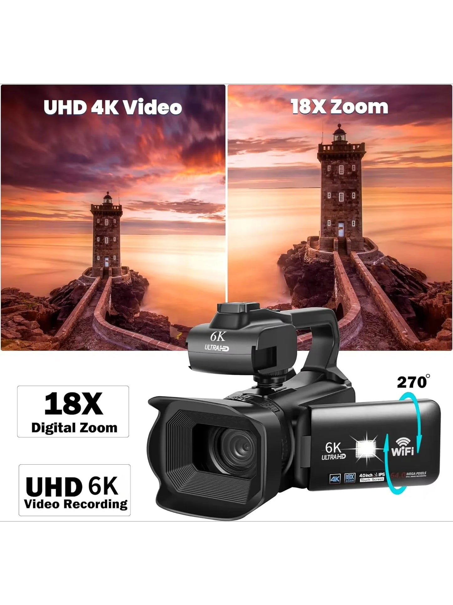 6K Ultra HD Professional Video Cameras for Photography 18X Digital Zoom YouTube Live Streaming Camcorders 64MP Vlogging Recorder