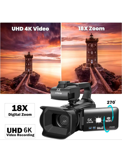 6K Ultra HD Professional Video Cameras for Photography 18X Digital Zoom YouTube Live Streaming Camcorders 64MP Vlogging Recorder