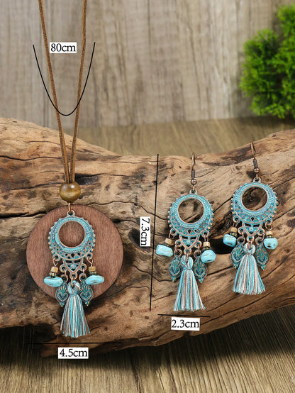 Bohemian ethnic style earrings Bohemian hollowed out circular ring tourism vacation jewelry retro round tassel women's earrings