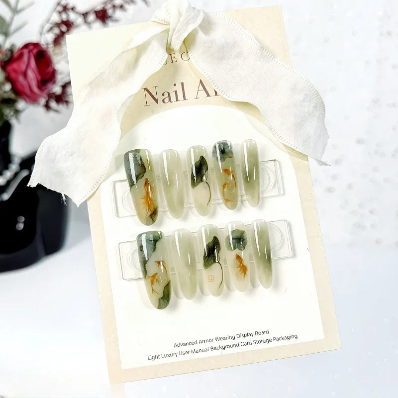 10Pcs Green Chinese Press-on Nails Featuring Lotus Leaf & Koi Crescent Moon and Bamboo Designs Traditional Nail for Women&Girls