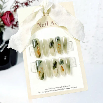 10Pcs Green Chinese Press-on Nails Featuring Lotus Leaf & Koi Crescent Moon and Bamboo Designs Traditional Nail for Women&Girls