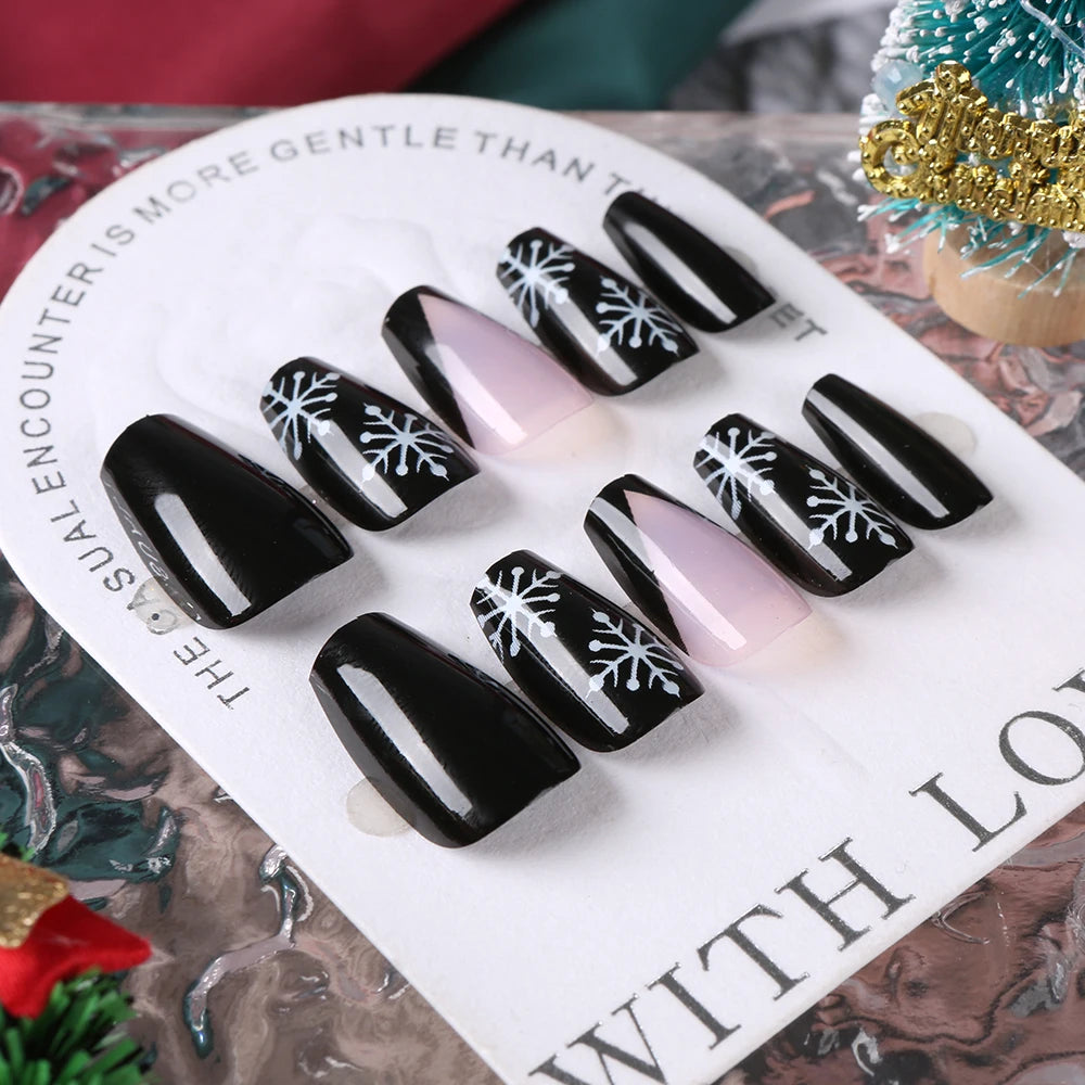 24Pcs Black Press on Nails White Snowflake Christmas Fake Nails Medium Square press on nails French Full Cover False Finger Nail