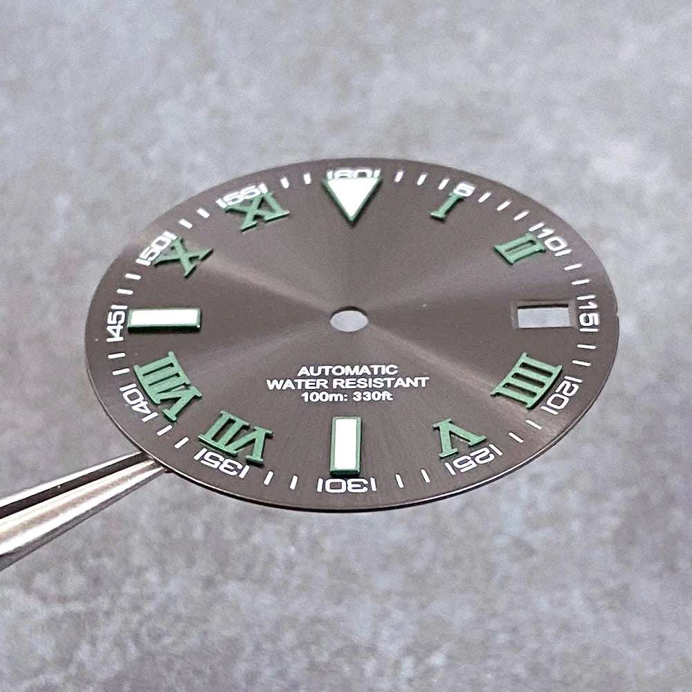 29mm Gray Sunburst Watch Dial fit NH35 NH35A NH36A Steel Green Roman Numerals Index Hand Set Watch Parts Accessories