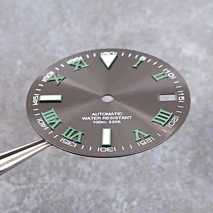 29mm Gray Sunburst Watch Dial fit NH35 NH35A NH36A Steel Green Roman Numerals Index Hand Set Watch Parts Accessories