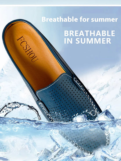 Closed Toe Half Shoes for Men Black Blue Mules Slippers Slip on Genuine Cowhide Leather Luxury Flat Sandals Man Summer 2025