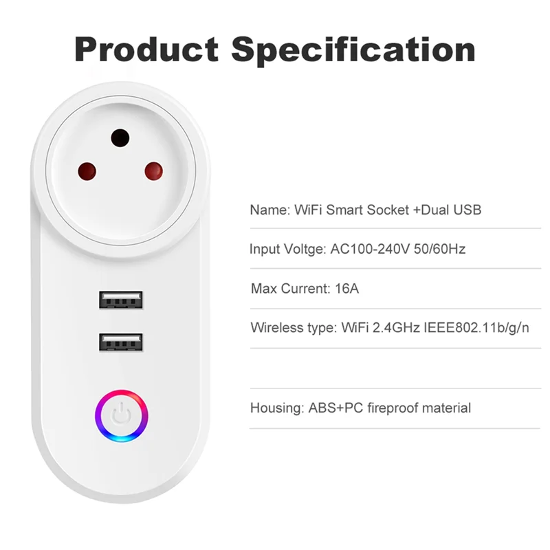 Israel Plug Tuya Smart Home 16A Wifi Smart Plug Power Socket USB Charge Outlet Timing Voice Control For Alexa-AT64