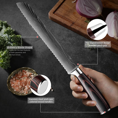 Bread Knife,8 inch Serrated Knife,Damascus laser Pattern Steel Bread Knife for Homemade Bread,Razor Sharp Edge for Slicing Bread