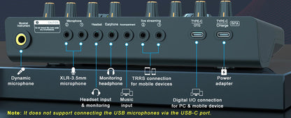 Gaming Audio Mixer,Streaming Mixer with Audio Interface BT Sound Board Voice Changer Sound Card,for PC Phone Live Streaming