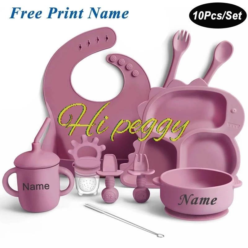 Baby Silicone Tableware Dinosaur Plate Dishes For Kids Personalized Name Baby Feeding Sets Fruit Feeder Baby Led Weaning Supplie