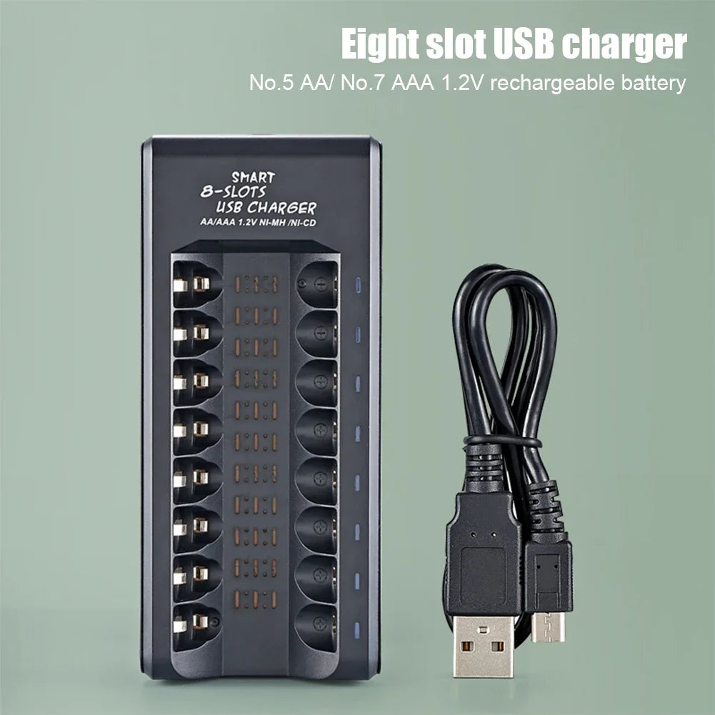 Rechargeable Battery Charger USB Output 8 Slots Fast Charging Short Circuit Protection for 1.2V NiMH AAA/AA Batteries Charger