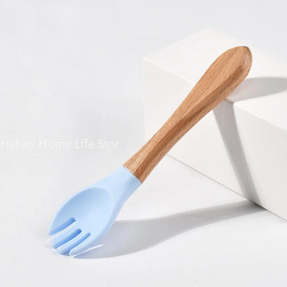 Baby Silicone Feeding Set with Wooden Handle Soft Training Spoon and Fork for Kids