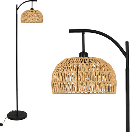 Floor Lamp Living Room,E27 Industrial Metal Floor Lamp,Black Floor Lamp,Rattan Weave Floor Lamp for Bedroom(Without Bulb)
