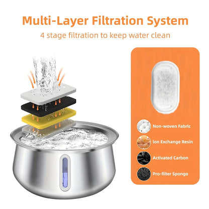 Damaly,4L Autofeeder Stainless Steel Cat Water Fountain with Ultra-Quiet Pump - USB Powered