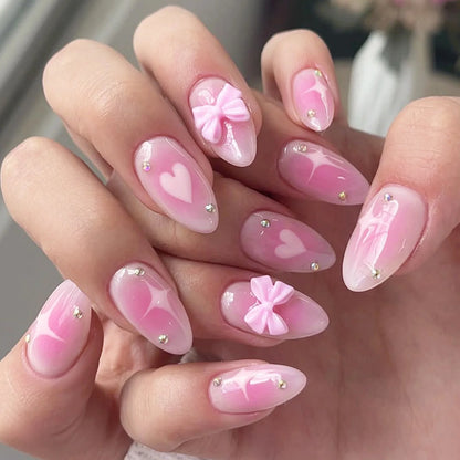 White French Short Press on Nails 3D Bowknot Designs Nude Color Fake Nails Artificial False Nails Tips for Woman DIY Manicure