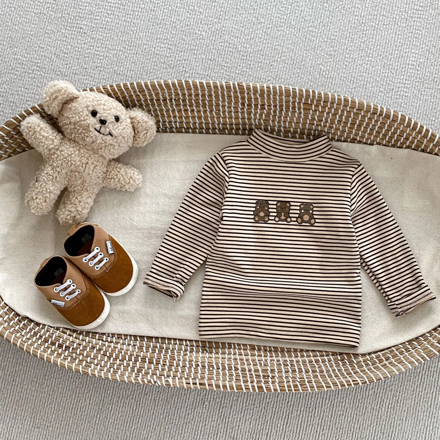 2025 Autumn Kids Baby Boys Shirts Striped Long Sleeve Cotton Bear Infant Boys Tops Stretch Versatile Toddler Boys Shirts