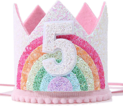 Felt Rainbow Theme Birthday Party Crown 1st 2nd 3rd Happy Birthday Party Decor Kids Baby Shower Party Number Hat Unicorn Party