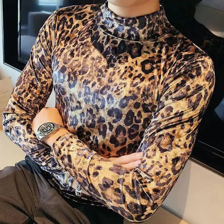 Mens T-shirt Long Sleeve Leopard Print Stretch Skinny Gym Shirt High Neck Base Shirt for Men