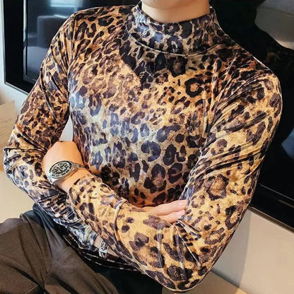 Mens T-shirt Long Sleeve Leopard Print Stretch Skinny Gym Shirt High Neck Base Shirt for Men