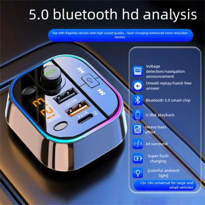 Bluetooth 5.0 Car FM Transmitter Car Bluetooth Receiver Ambient Hands-Free Mp3 Player Dual USB Fast Charger 5.0 Audio Adapter