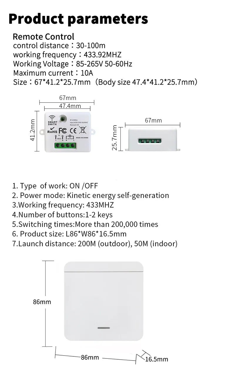 Wireless Smart Switch Light 433MHz 1/2/3Gang 86 Wall Panel Switch with Remote Control Interruptor 10A 110V 220V For LED Lamp